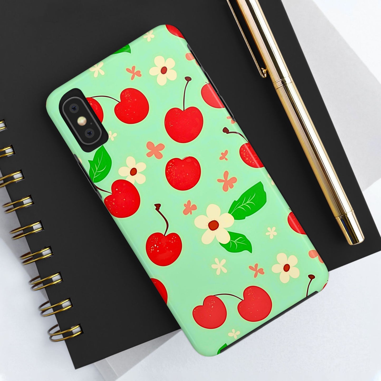 Cute Cherry Flower Pattern Mint Tough Phone Case | Aesthetic