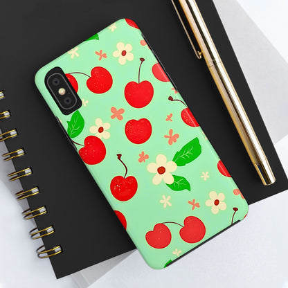 Cute Cherry Flower Pattern Mint Tough Phone Case | Aesthetic