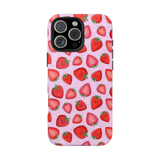 Kawaii Strawberry Cartoon Pattern Pink Aesthetic Tough Phone Case | Food