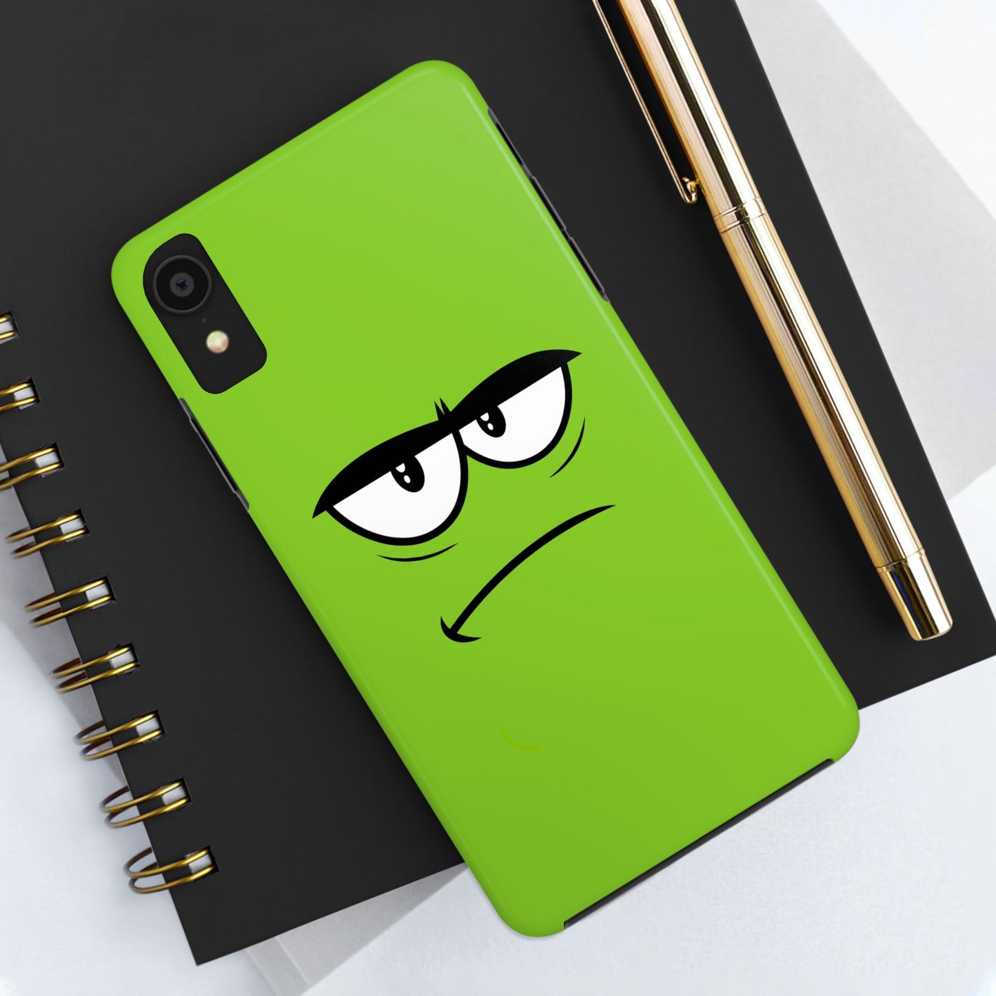 Grumpy Mood Face Green Background Funny Expression Tough Phone Case | Funny