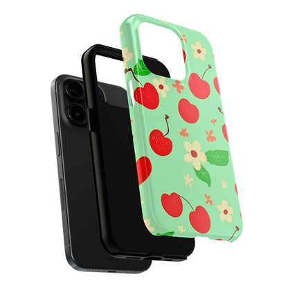 Cute Cherry Flower Pattern Mint Tough Phone Case | Aesthetic