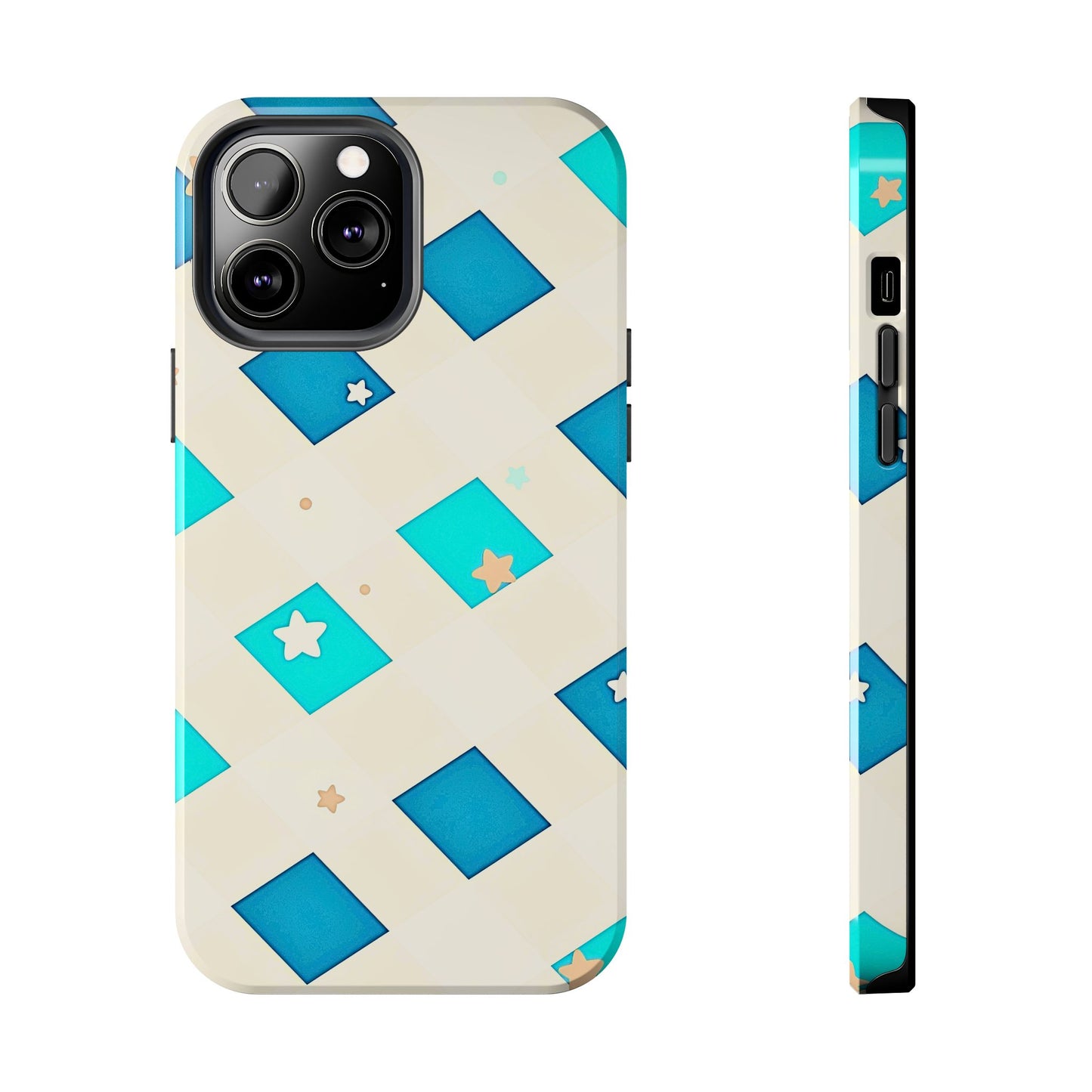 Modern Preppy Checkered Teal Stars Tough Phone Case | Aesthetic