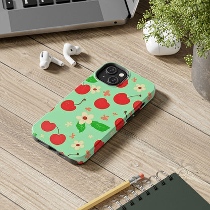 Cute Cherry Flower Pattern Mint Tough Phone Case | Aesthetic