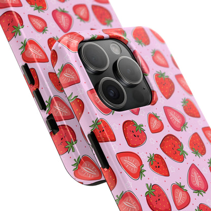 Kawaii Strawberry Cartoon Pattern Pink Aesthetic Tough Phone Case | Food