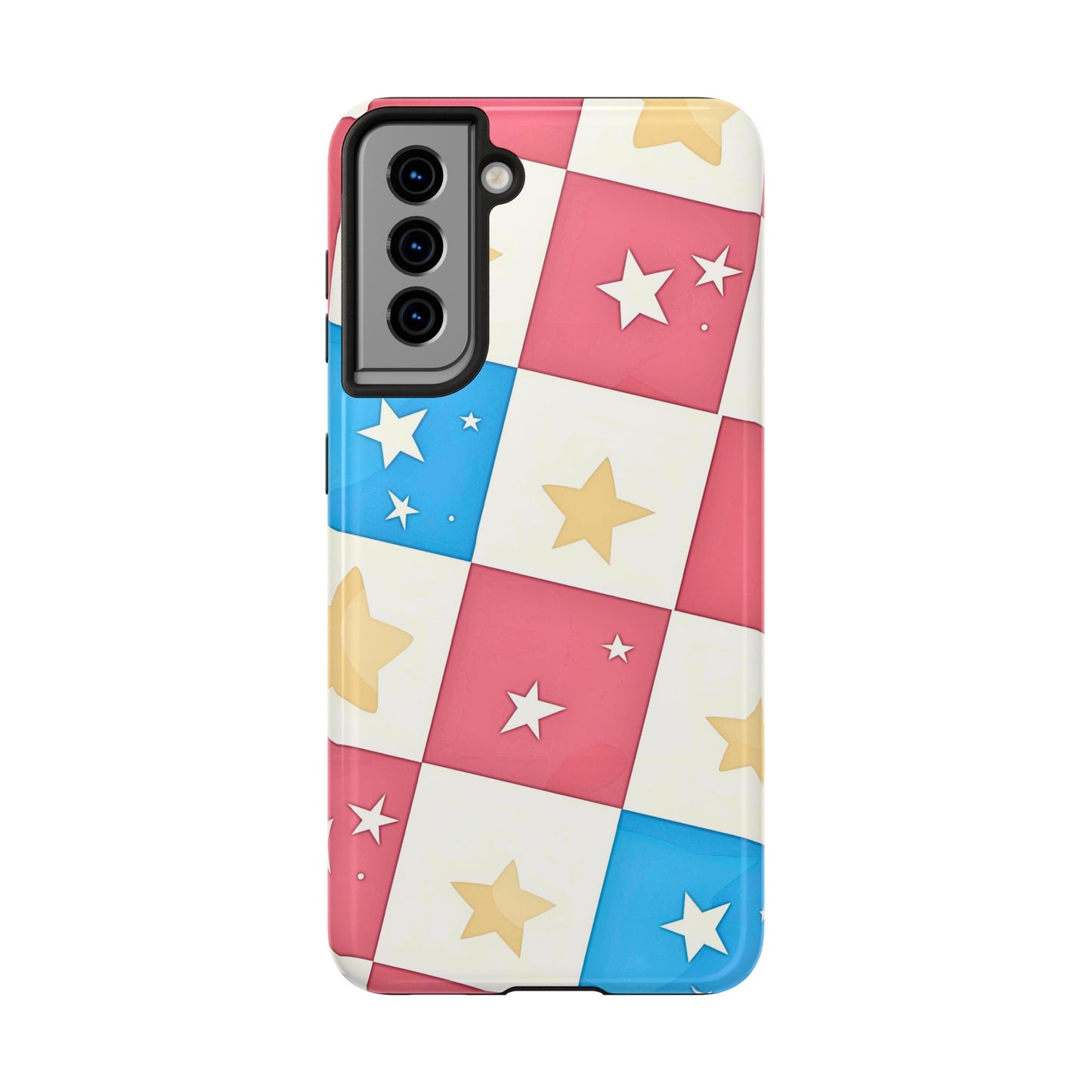 Preppy Checkered Pink & Blue Yellow Stars Tough Phone Case | Aesthetic