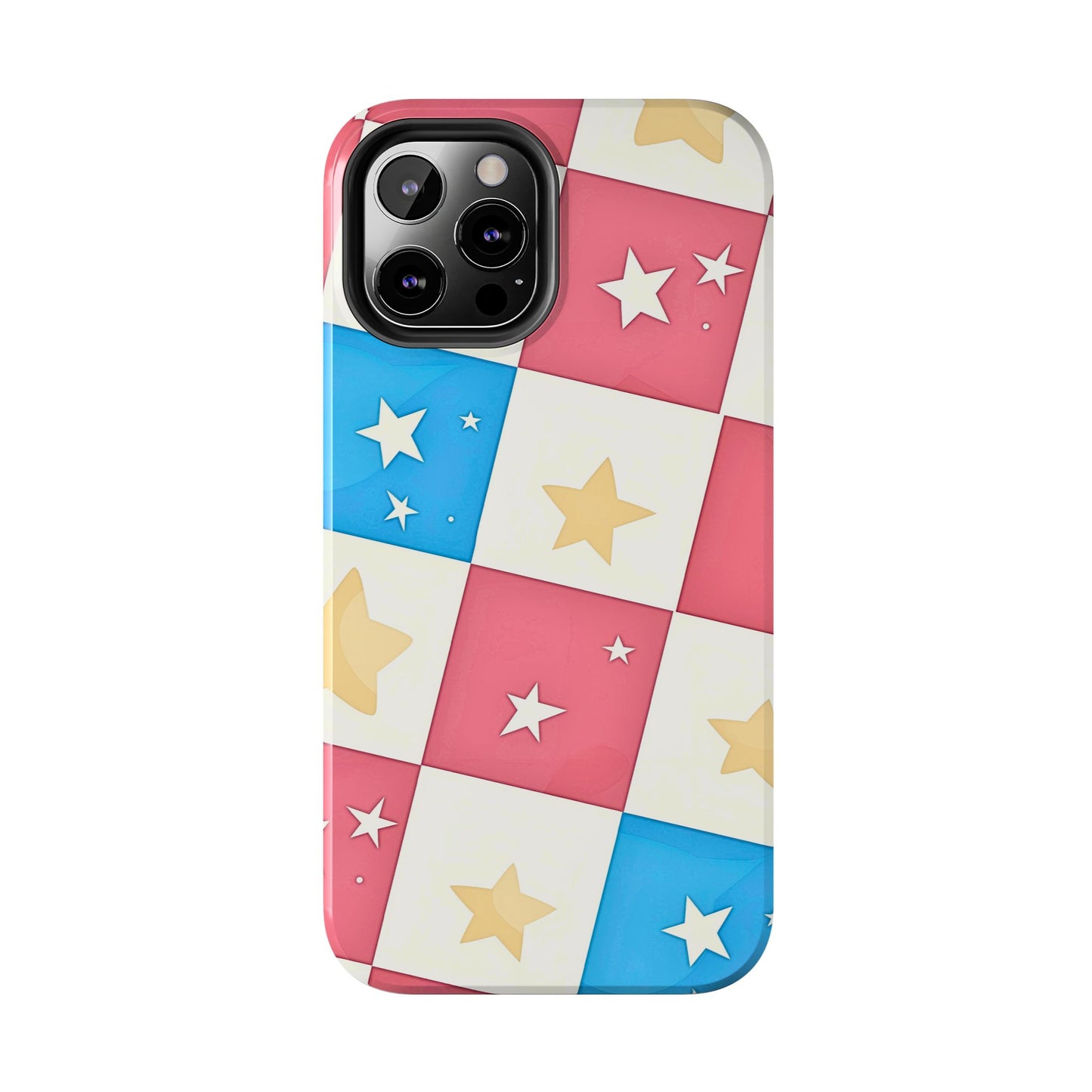 Preppy Checkered Pink & Blue Yellow Stars Tough Phone Case | Aesthetic