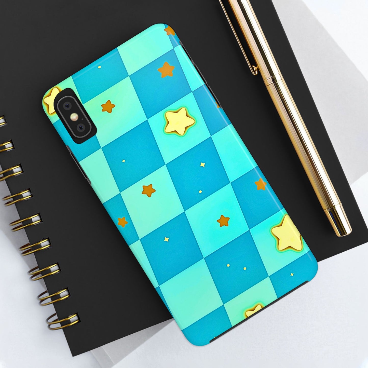 Vibrant Preppy Checkered Blue & Yellow Stars Tough Phone Case | Aesthetic