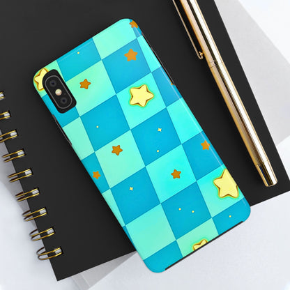 Vibrant Preppy Checkered Blue & Yellow Stars Tough Phone Case | Aesthetic