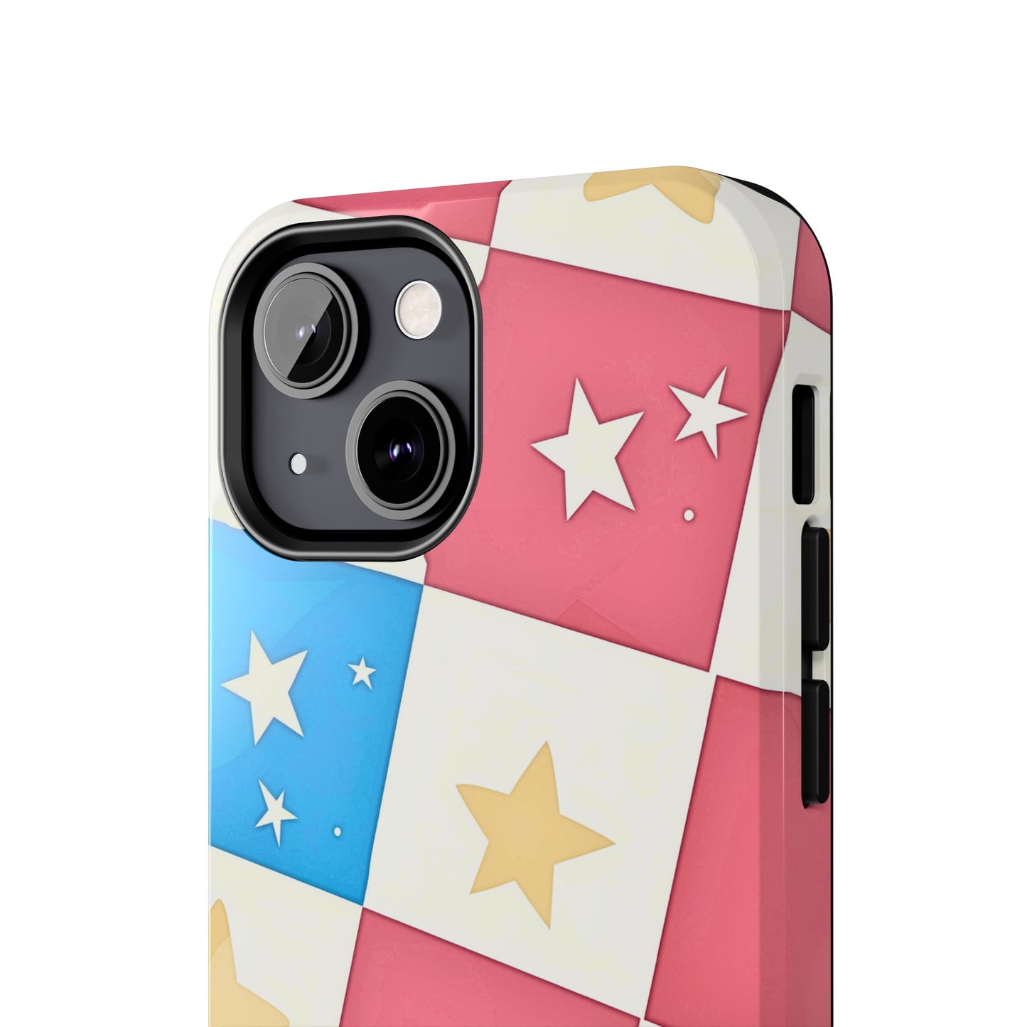 Preppy Checkered Pink & Blue Yellow Stars Tough Phone Case | Aesthetic