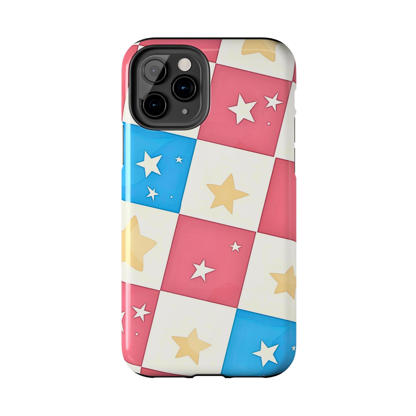 Preppy Checkered Pink & Blue Yellow Stars Tough Phone Case | Aesthetic