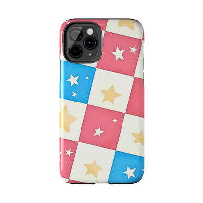 Preppy Checkered Pink & Blue Yellow Stars Tough Phone Case | Aesthetic
