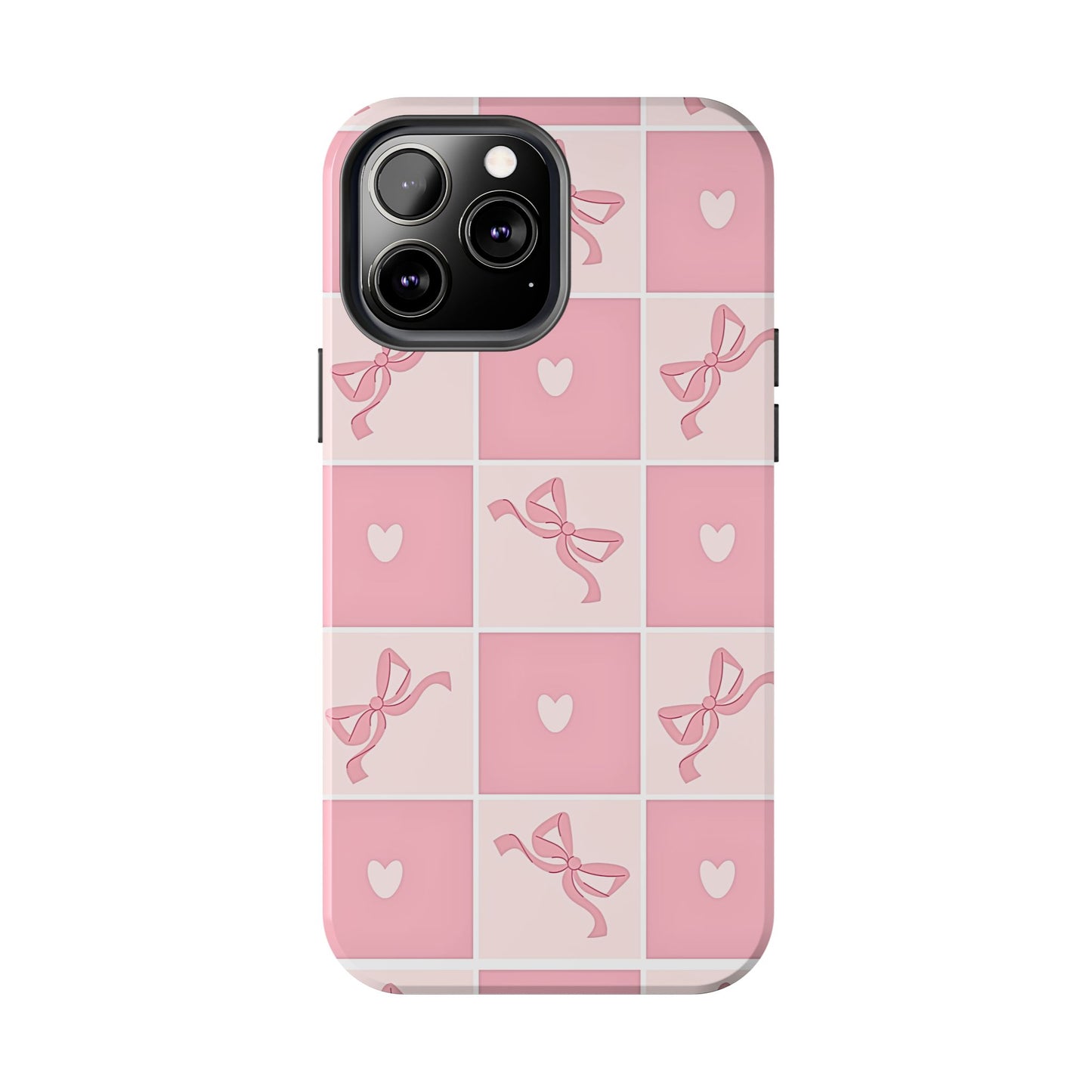 Girly Pink Bow and Heart Grid Pastel Tough Phone Case | Aesthetic