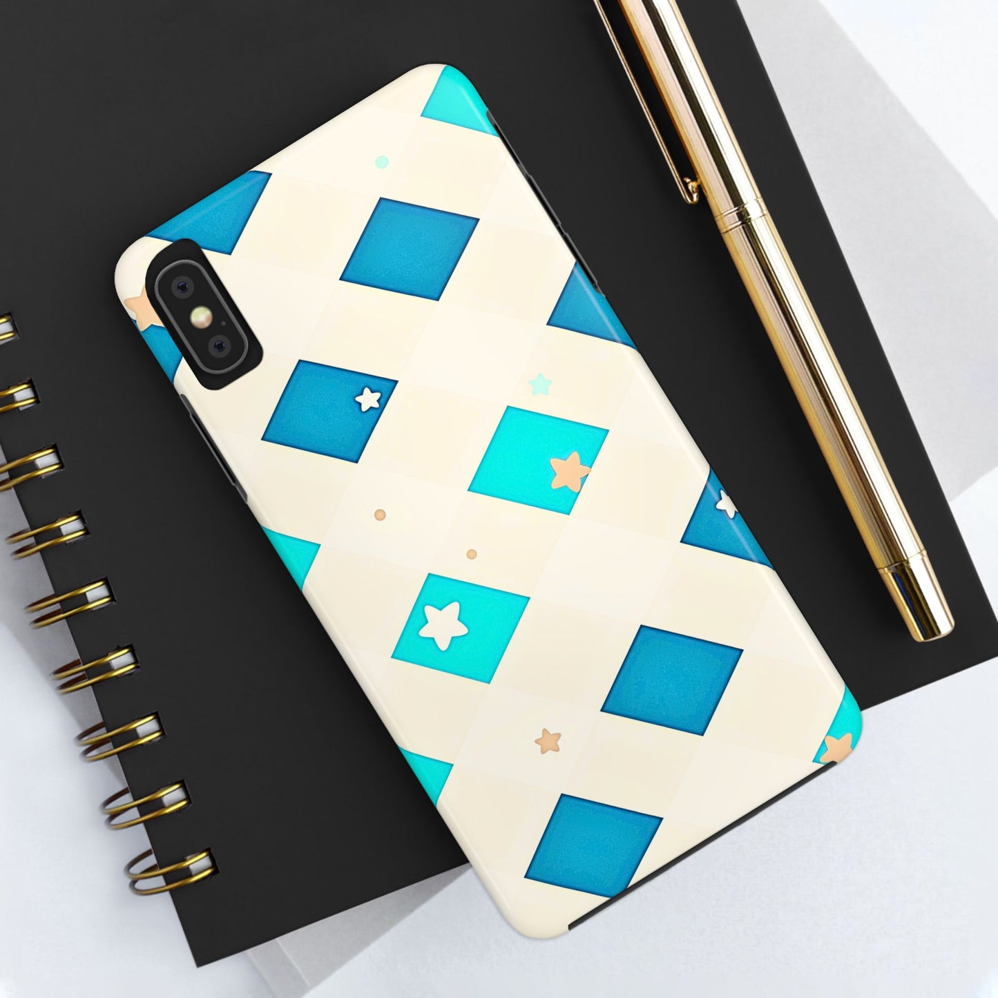 Modern Preppy Checkered Teal Stars Tough Phone Case | Aesthetic
