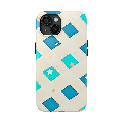 Modern Preppy Checkered Teal Stars Tough Phone Case | Aesthetic