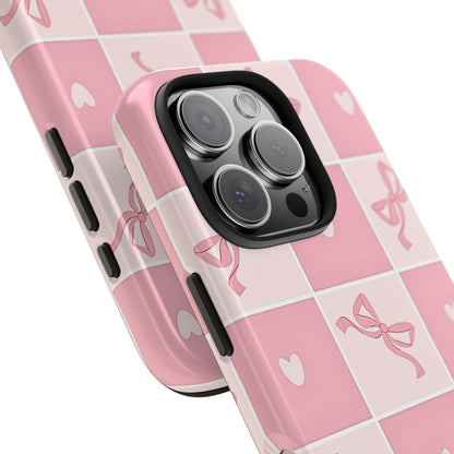 Girly Pink Bow and Heart Grid Pastel Tough Phone Case | Aesthetic