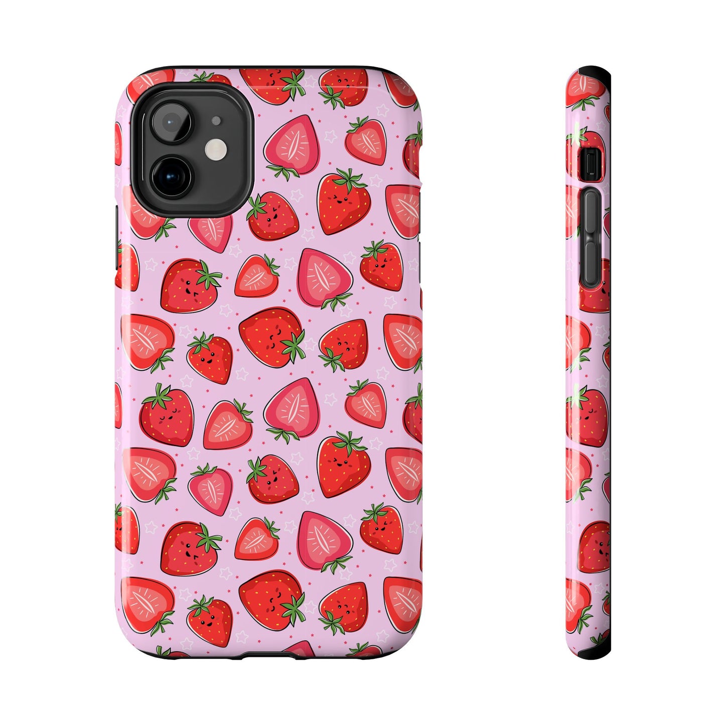 Kawaii Strawberry Cartoon Pattern Pink Aesthetic Tough Phone Case | Food