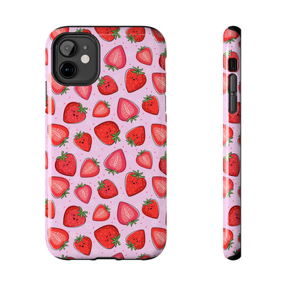 Kawaii Strawberry Cartoon Pattern Pink Aesthetic Tough Phone Case | Food