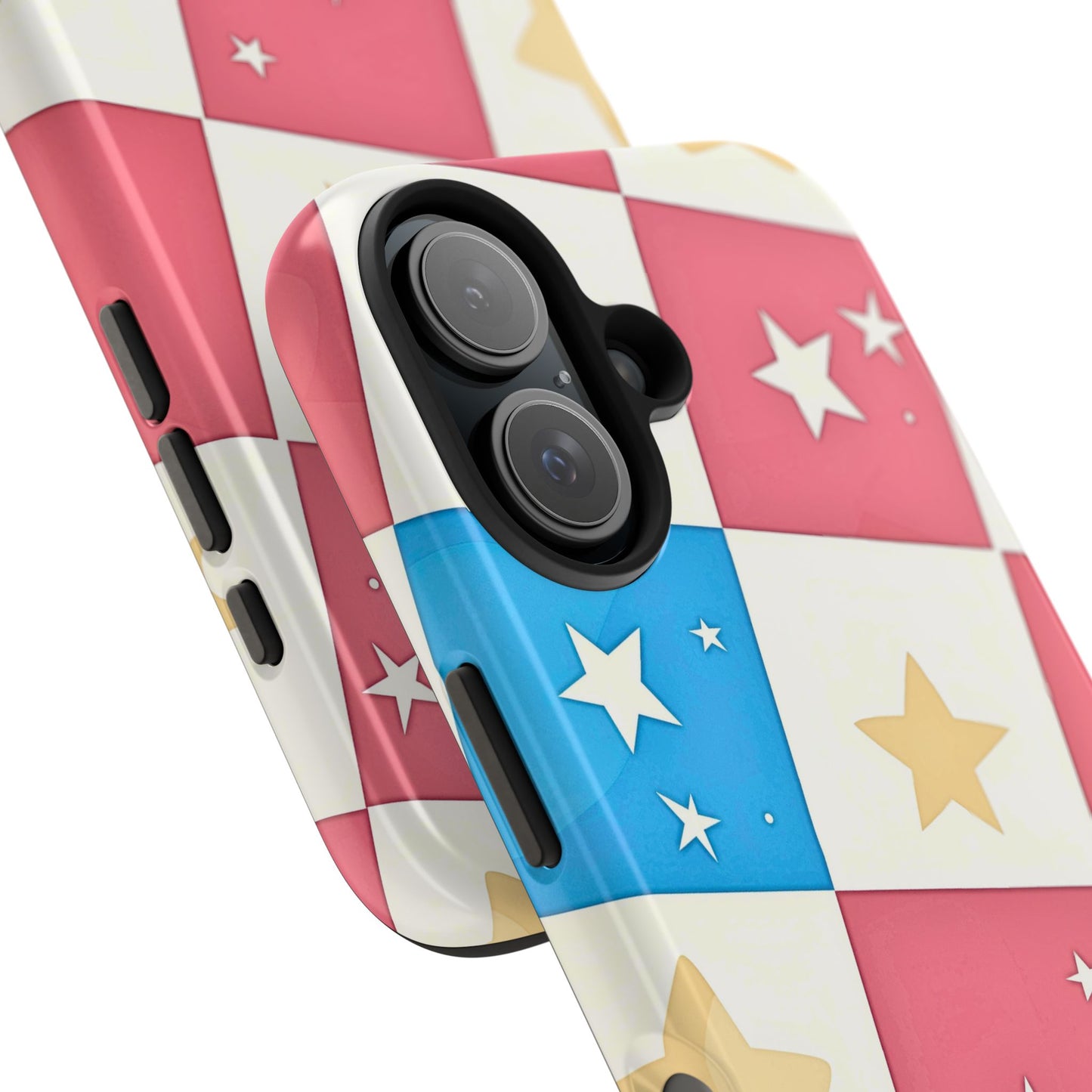 Preppy Checkered Pink & Blue Yellow Stars Tough Phone Case | Aesthetic