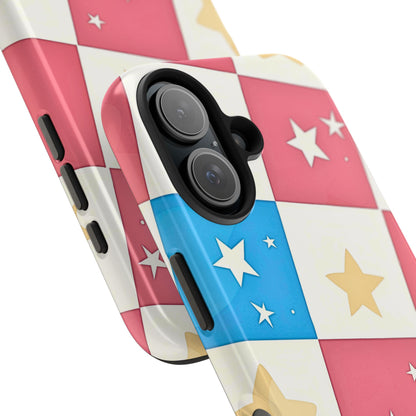 Preppy Checkered Pink & Blue Yellow Stars Tough Phone Case | Aesthetic