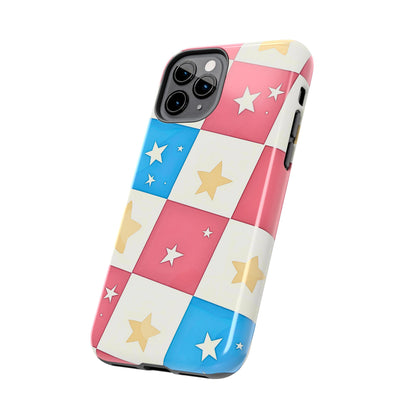 Preppy Checkered Pink & Blue Yellow Stars Tough Phone Case | Aesthetic