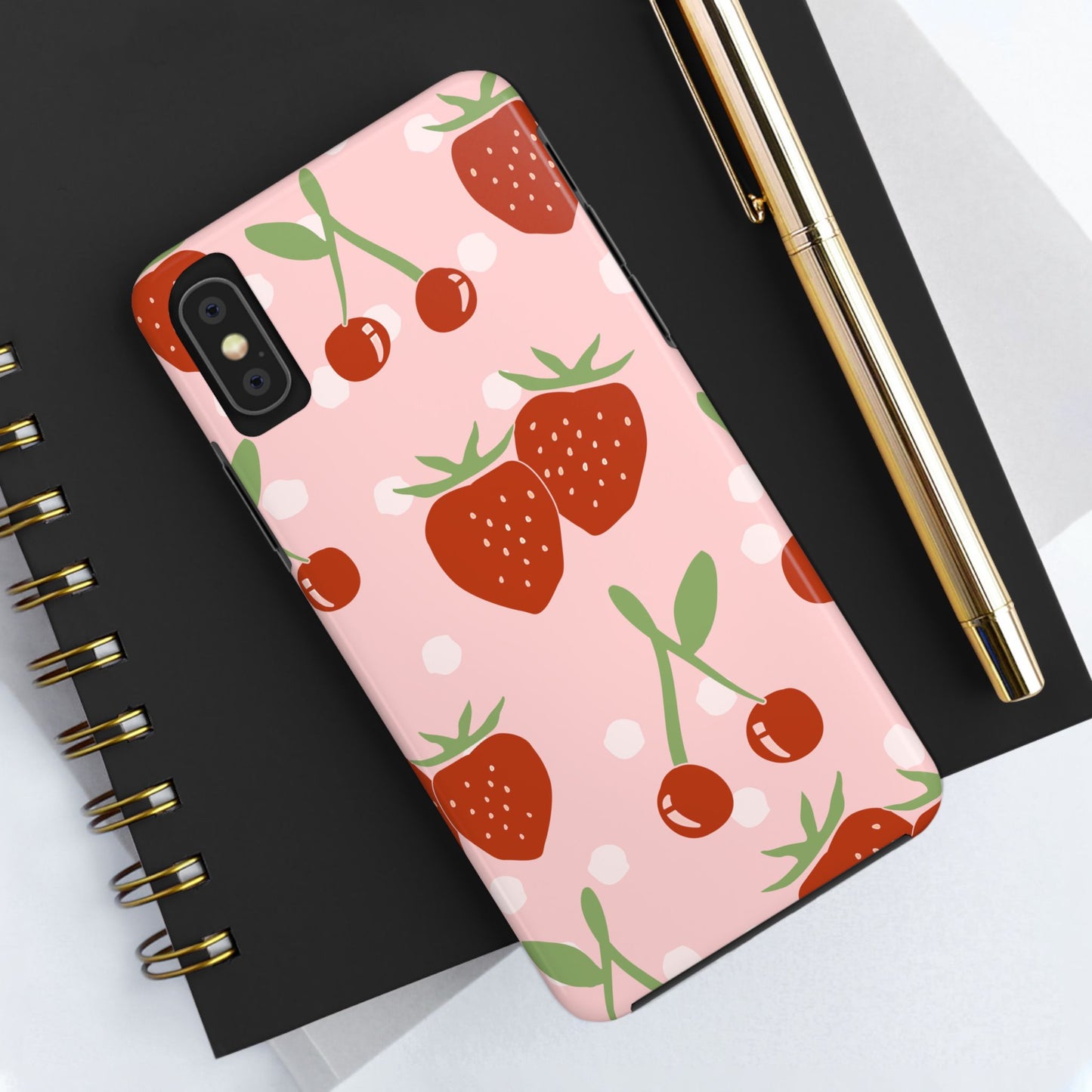 Cute Pink and Red Cherry and Strawberry Tough Phone Case | Food