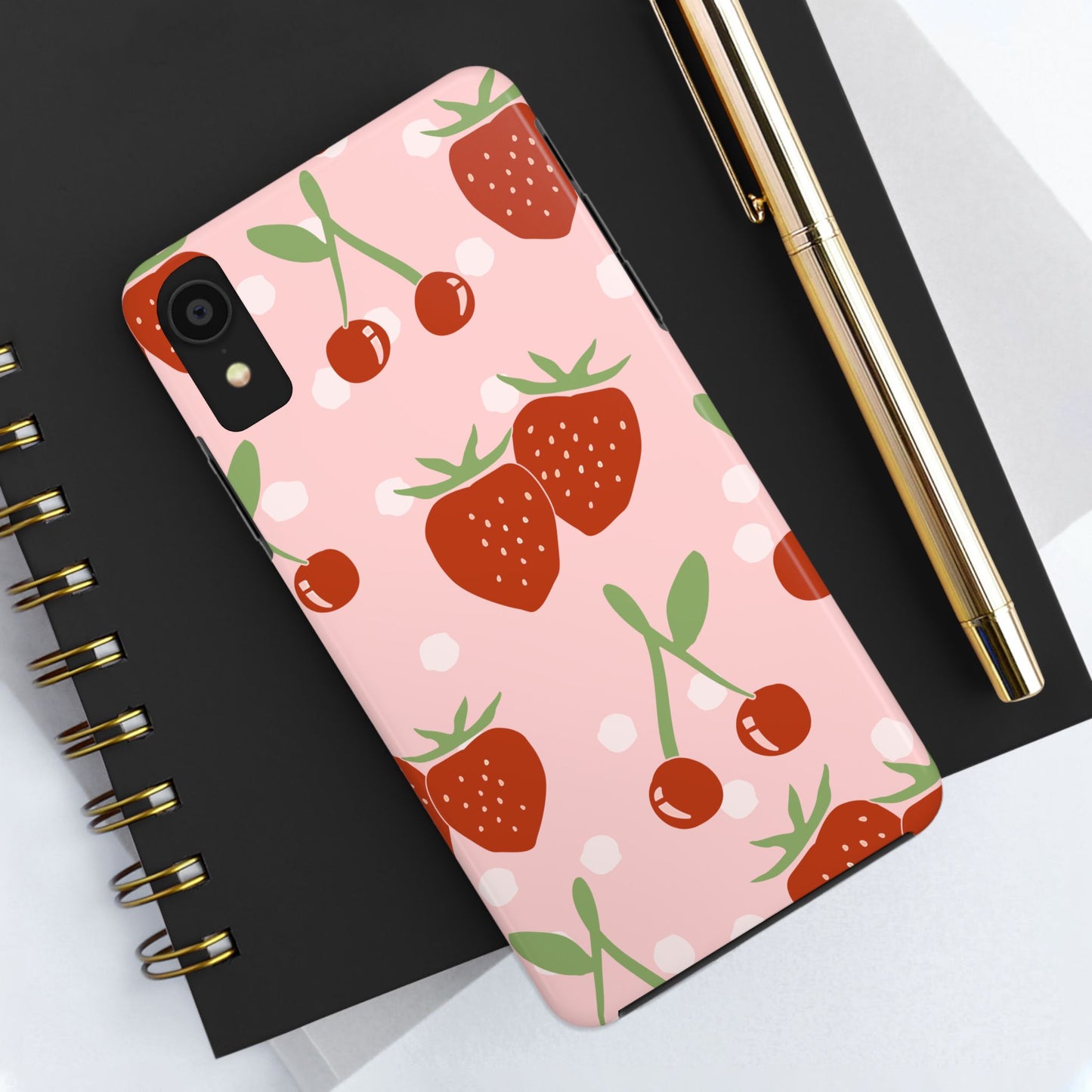 Cute Pink and Red Cherry and Strawberry Tough Phone Case | Food