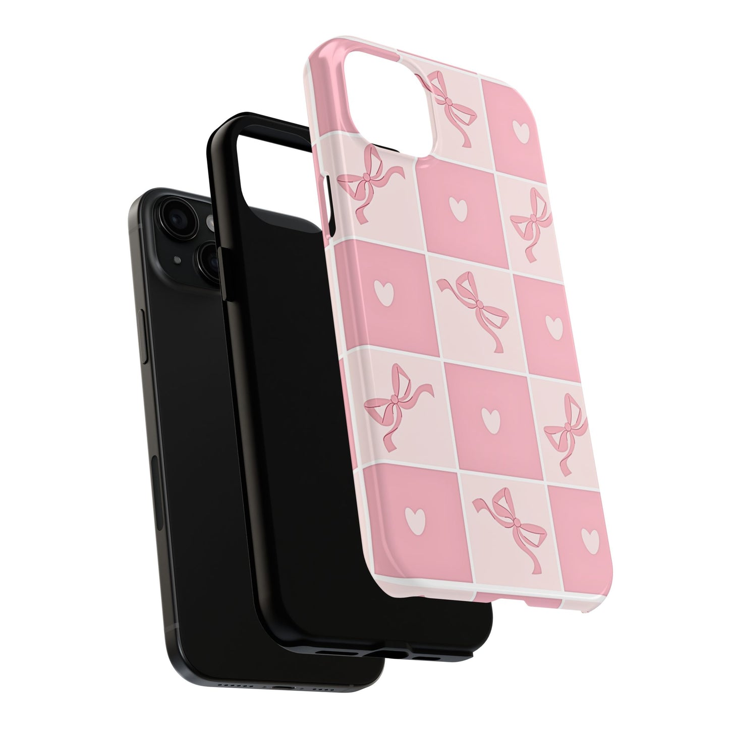 Girly Pink Bow and Heart Grid Pastel Tough Phone Case | Aesthetic