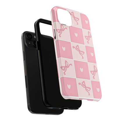 Girly Pink Bow and Heart Grid Pastel Tough Phone Case | Aesthetic