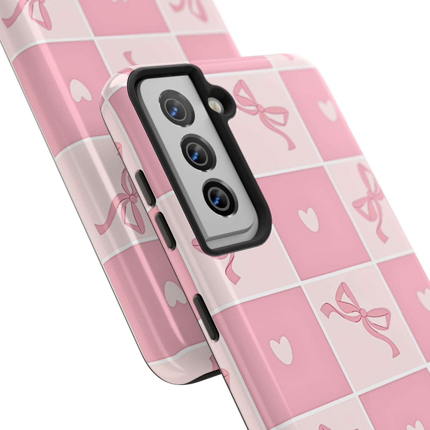 Girly Pink Bow and Heart Grid Pastel Tough Phone Case | Aesthetic