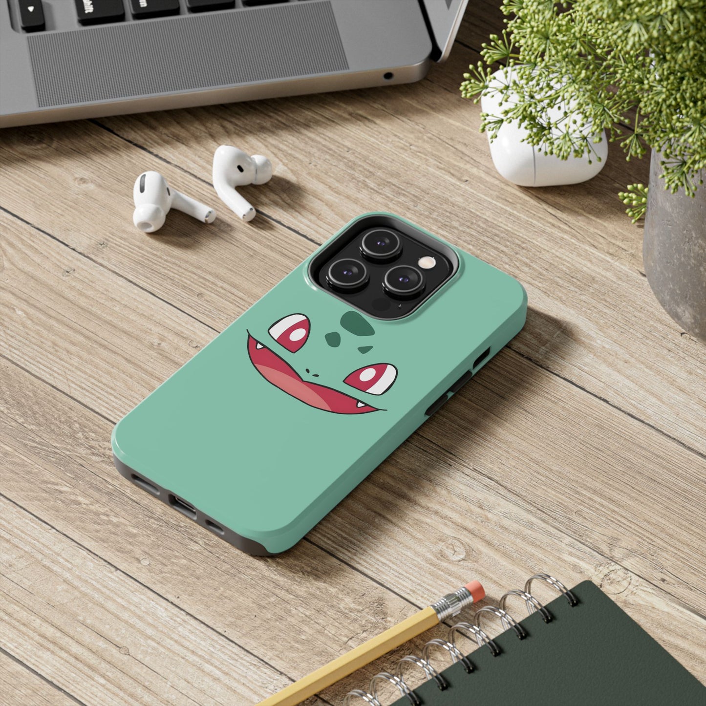Green Leaf Dino Smile Red Eyes Cute Creature Tough Phone Case | Anime