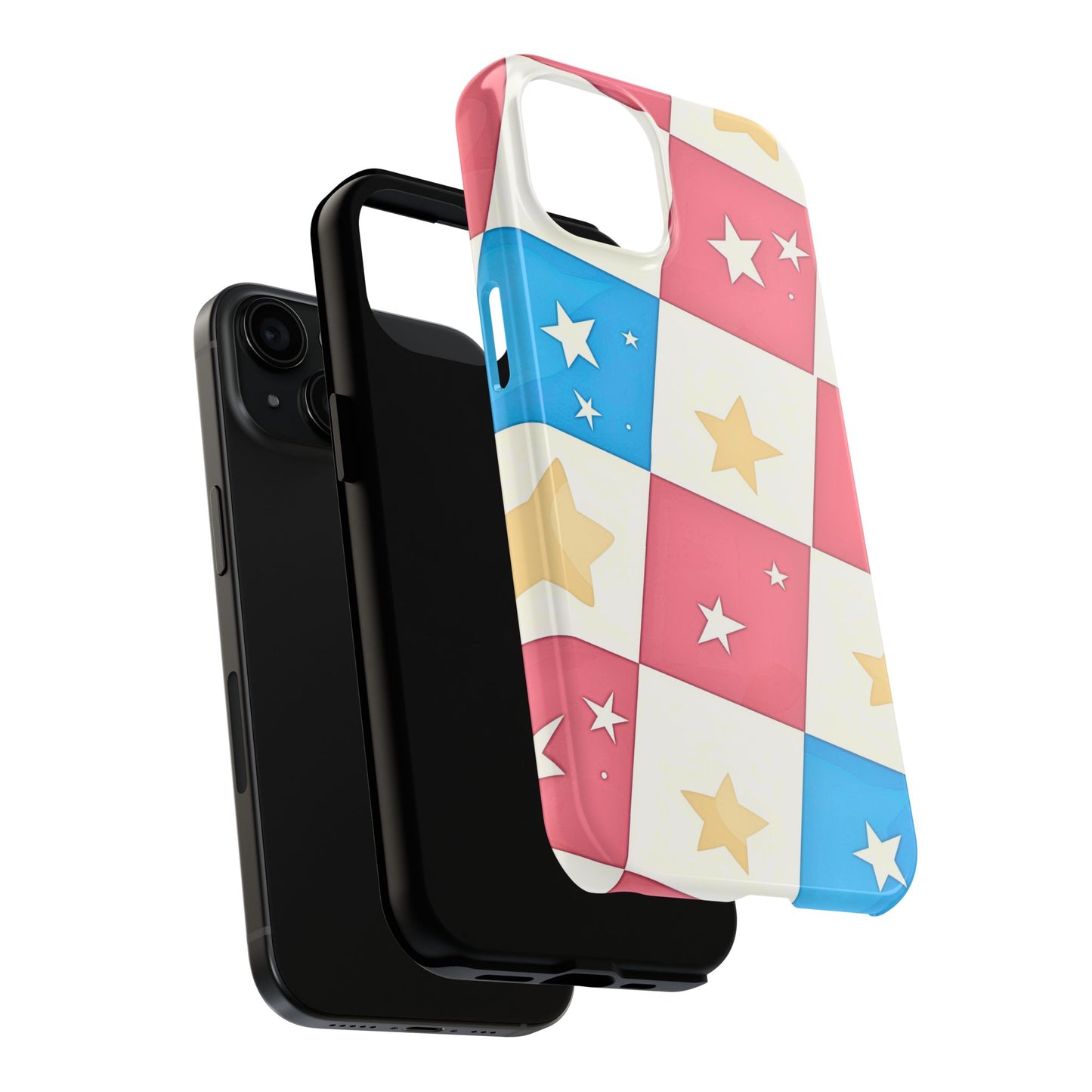 Preppy Checkered Pink & Blue Yellow Stars Tough Phone Case | Aesthetic