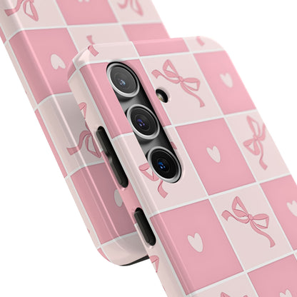 Girly Pink Bow and Heart Grid Pastel Tough Phone Case | Aesthetic