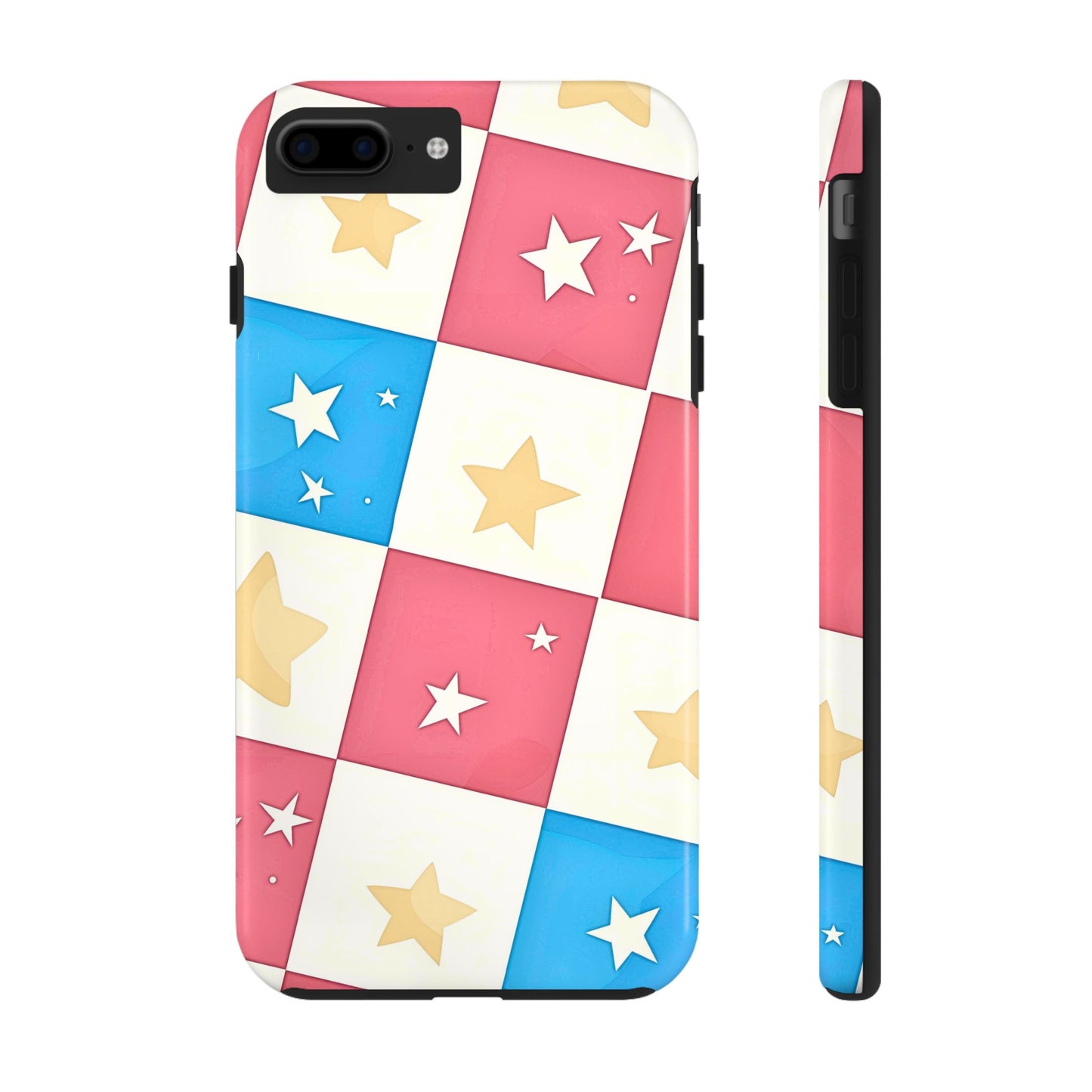 Preppy Checkered Pink & Blue Yellow Stars Tough Phone Case | Aesthetic