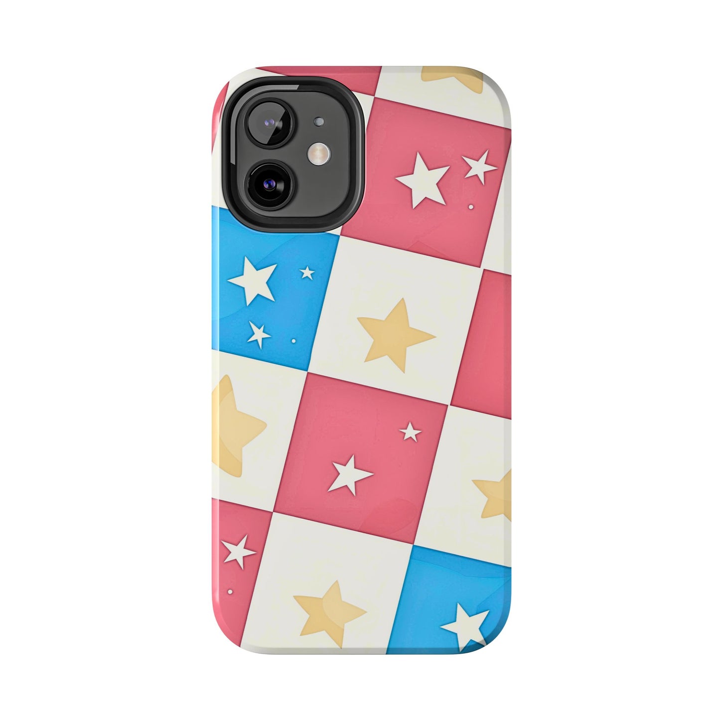 Preppy Checkered Pink & Blue Yellow Stars Tough Phone Case | Aesthetic