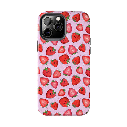 Kawaii Strawberry Cartoon Pattern Pink Aesthetic Tough Phone Case | Food