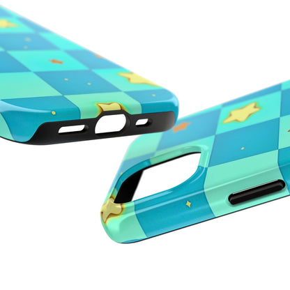Vibrant Preppy Checkered Blue & Yellow Stars Tough Phone Case | Aesthetic