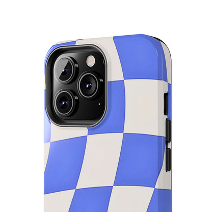 Funda resistente para teléfono con estampado ondulado de cuadros azules | Estética