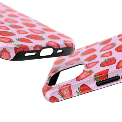 Kawaii Strawberry Cartoon Pattern Pink Aesthetic Tough Phone Case | Food