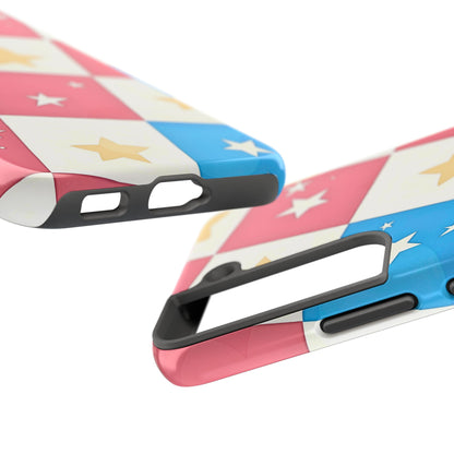 Preppy Checkered Pink & Blue Yellow Stars Tough Phone Case | Aesthetic