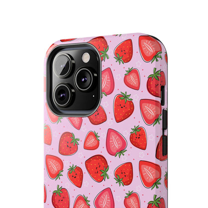 Kawaii Strawberry Cartoon Pattern Pink Aesthetic Tough Phone Case | Food