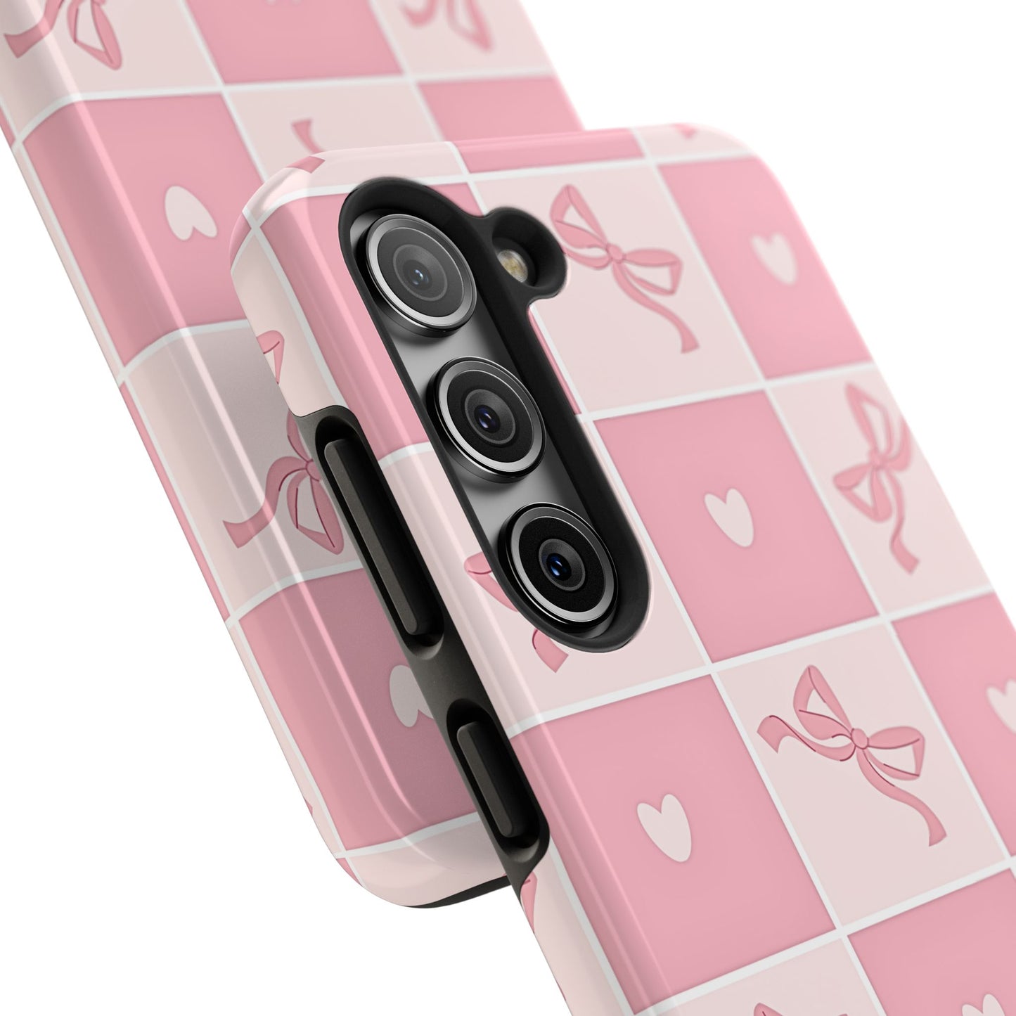 Girly Pink Bow and Heart Grid Pastel Tough Phone Case | Aesthetic