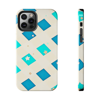 Modern Preppy Checkered Teal Stars Tough Phone Case | Aesthetic
