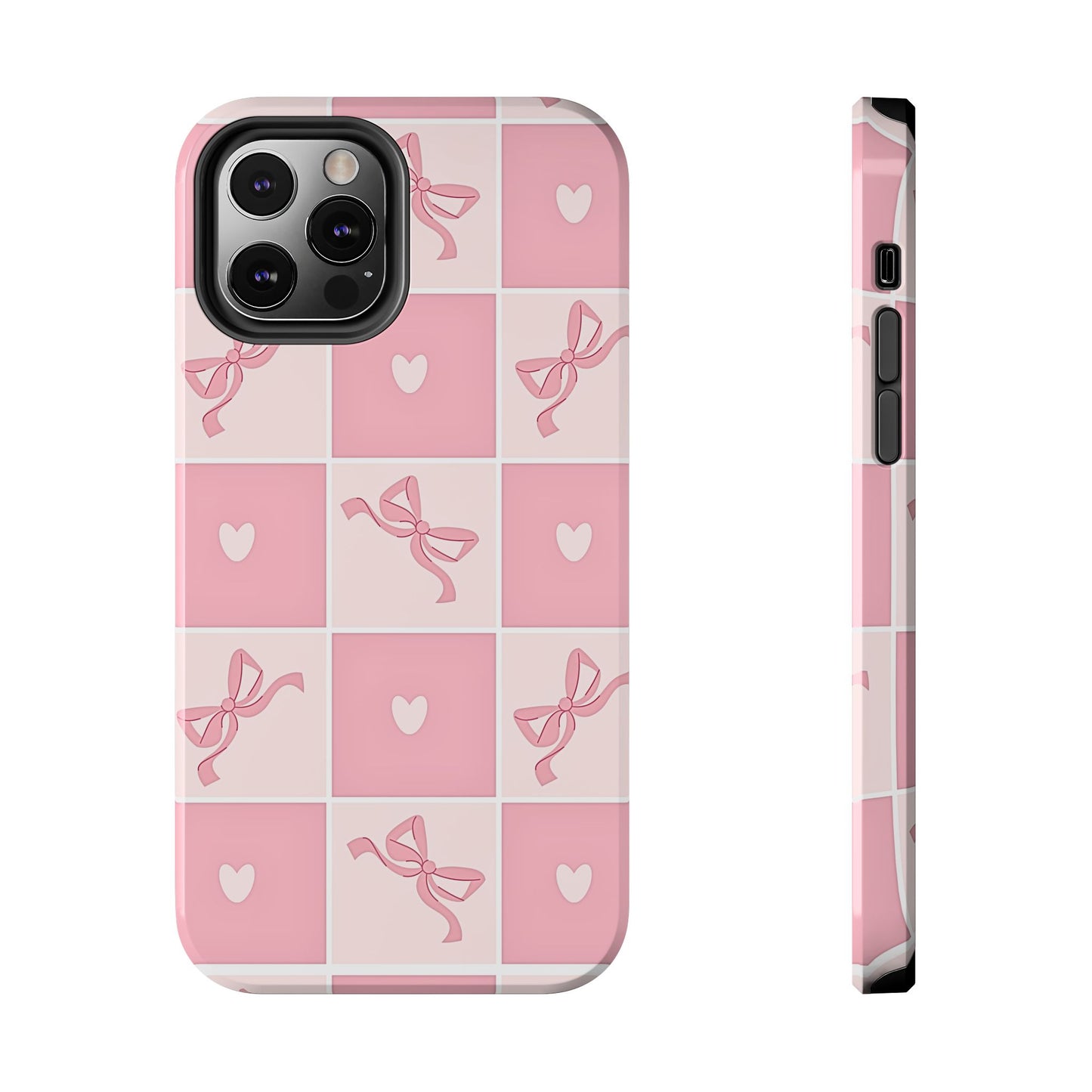 Girly Pink Bow and Heart Grid Pastel Tough Phone Case | Aesthetic