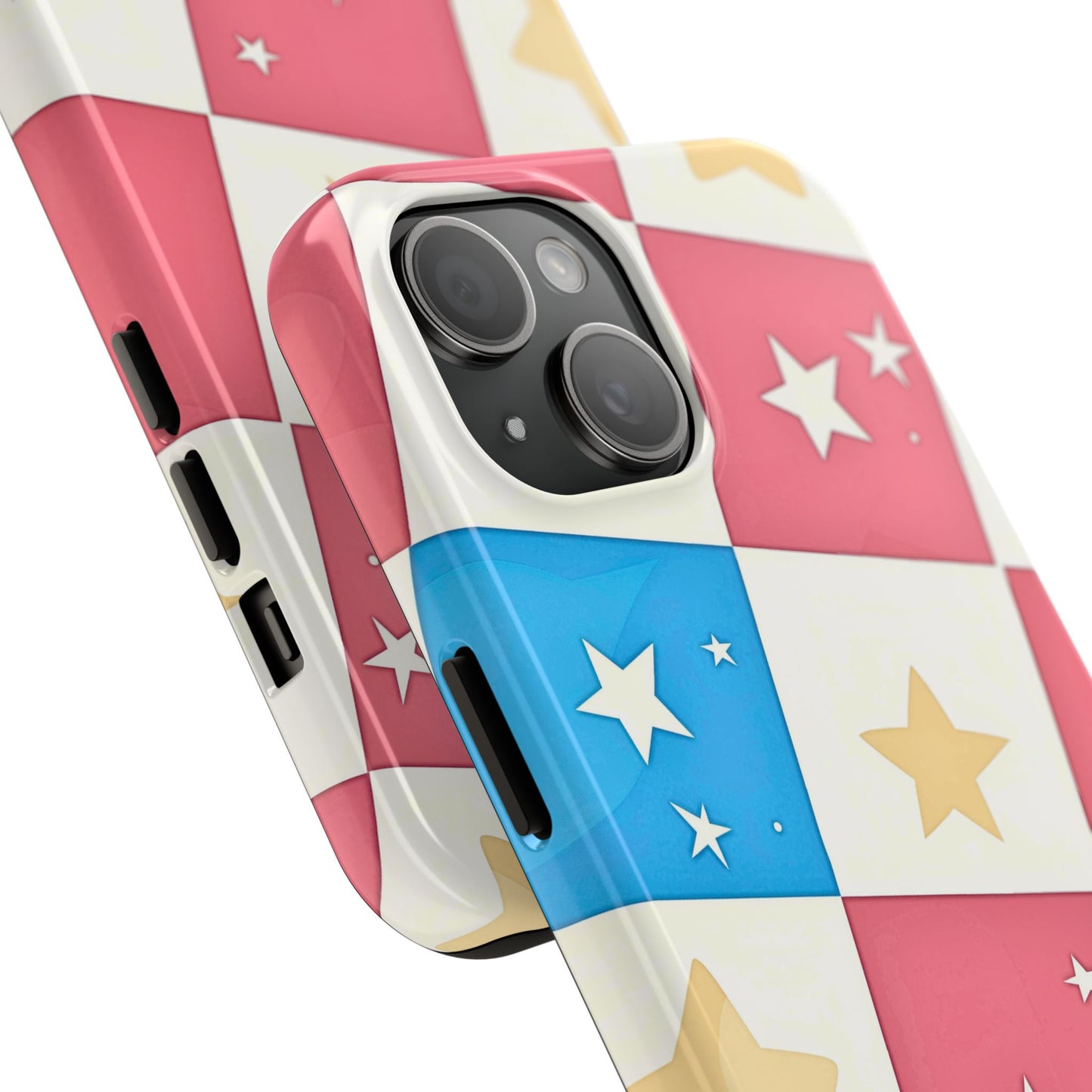 Preppy Checkered Pink & Blue Yellow Stars Tough Phone Case | Aesthetic