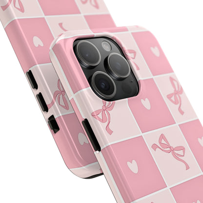 Girly Pink Bow and Heart Grid Pastel Tough Phone Case | Aesthetic