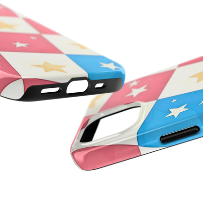 Preppy Checkered Pink & Blue Yellow Stars Tough Phone Case | Aesthetic