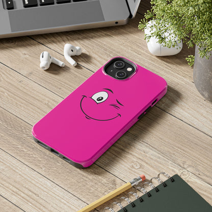 Winking Face Pink Background Cheeky Cartoon Style Tough Phone Case | Funny