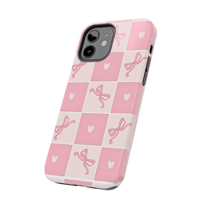 Girly Pink Bow and Heart Grid Pastel Tough Phone Case | Aesthetic