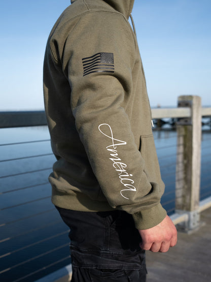 Pullover Hoodie "Liberty & Justice" - Olive