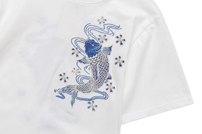 KH801 Blue Koi Embroidery Tee